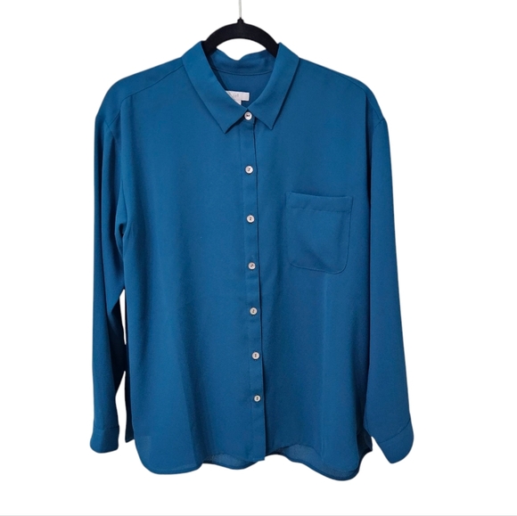 J. Jill Long Sleeve Button-down Turquoise Greenish Blue Blouse sz Medium Petite - Picture 1 of 7